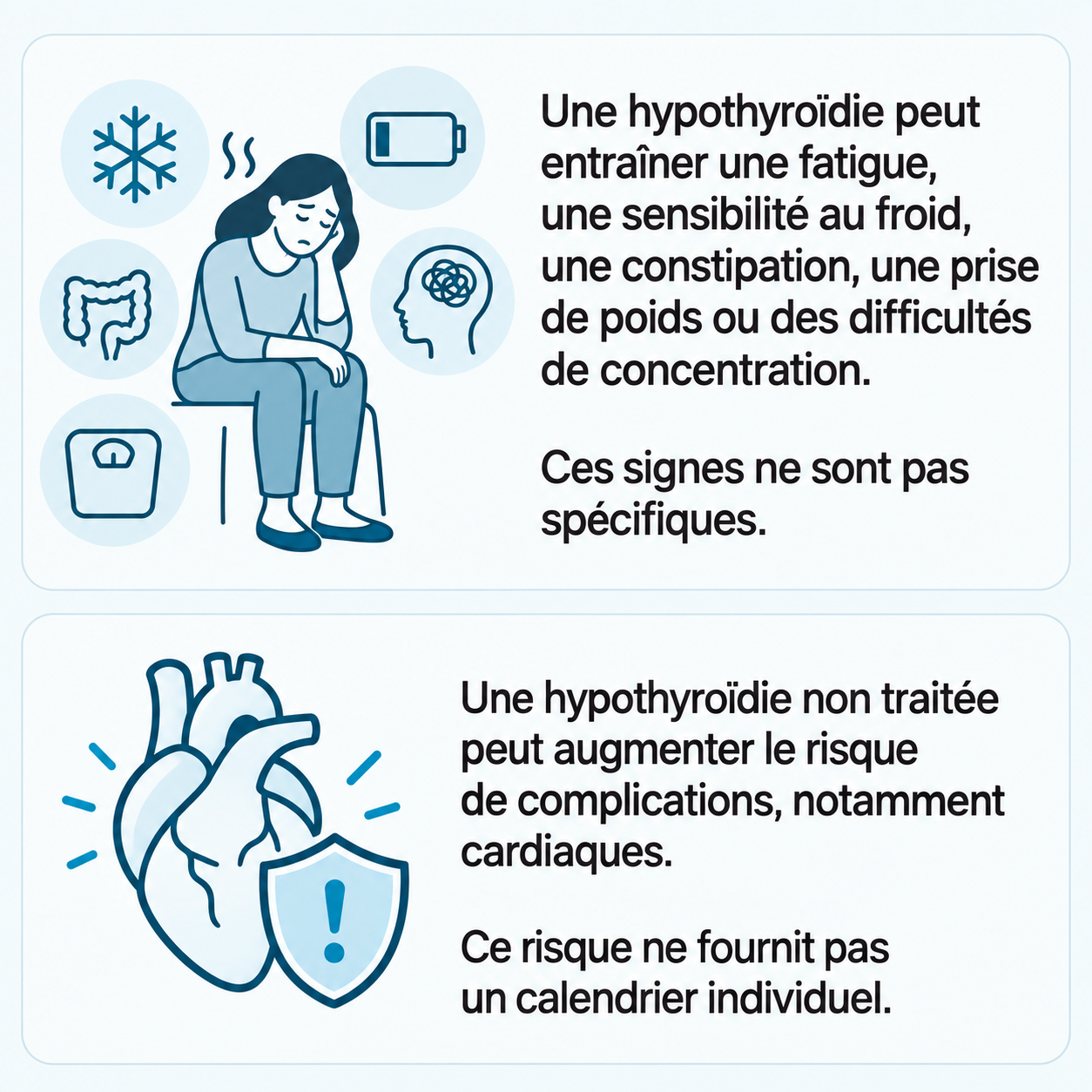 Schéma illustratif : Une hypothyroïdie peut entraîner une fatigue, une sensibilité au froid, une constipation, une prise de poids ou des difficultés de concentration. ; Ces signes ne sont pas spécifiques. ; Une hypothyroïdie non traitée peut augmenter le risque de complications, notamment cardiaques. ; Ce risque ne fournit pas un calendrier individuel.