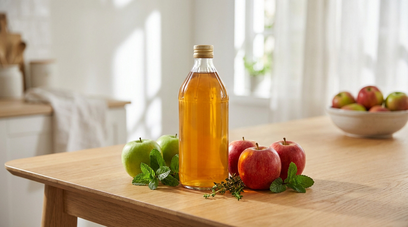 Glass bottle of apple cider vinegar, surrounded by fresh green and red apples, mint, and thyme on a light wooden table, in a bright, airy kitchen.