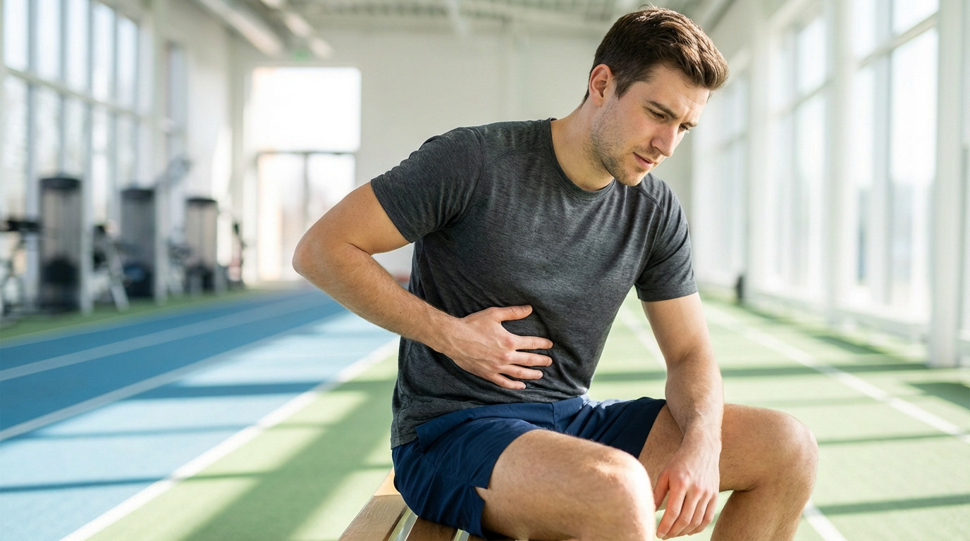 Male athlete in late 20s sits in a bright gym, hand on lower rib cage, looking thoughtful with subtle discomfort.