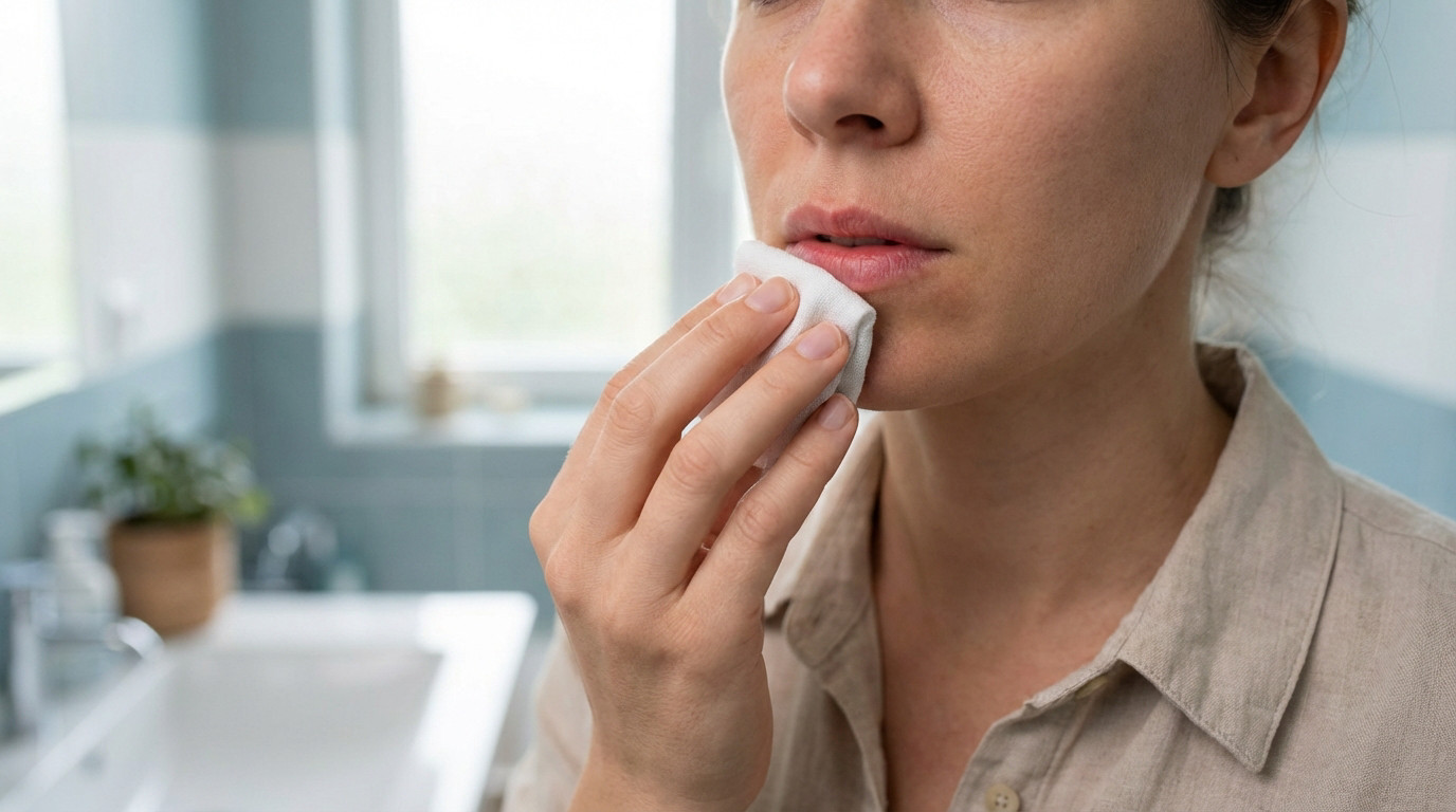 Close-up of a person in a bright bathroom, gently applying a white pad to their lower lip for subtle irritation, conveying calm self-care.