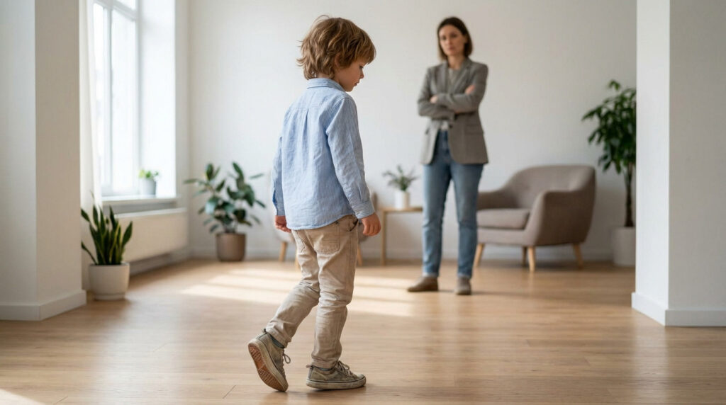 A young child walks with a slightly hesitant gait, one foot on its toes, observed by a blurred adult in a bright, modern room.