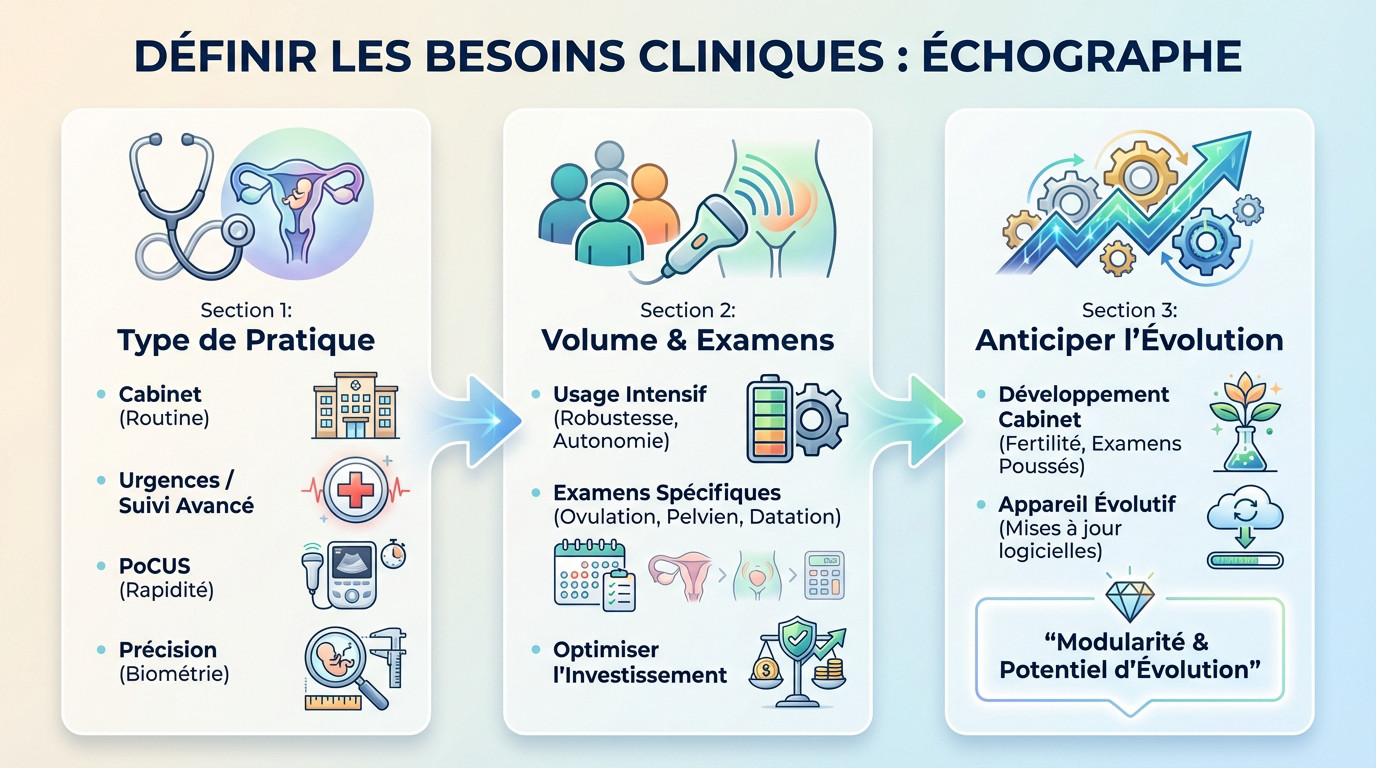 Médecin évaluant ses besoins cliniques pour choisir un échographe de poche adapté à la gynécologie