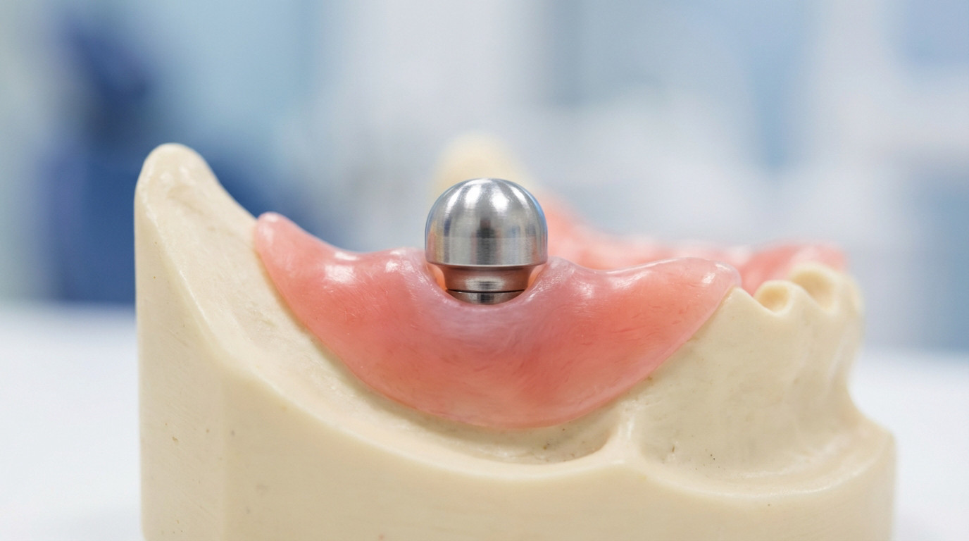 Detailed view of a dental implant healing abutment (vis de cicatrisation) with pink gum tissue in a bone-colored jaw model.