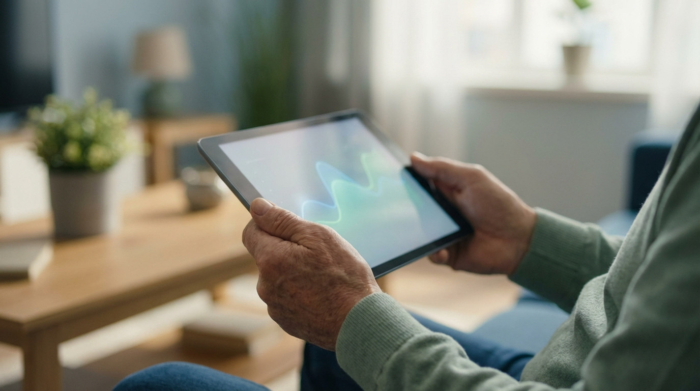 Close-up of hands holding a tablet displaying an abstract blue and green health data graph, in a soft-lit home environment.