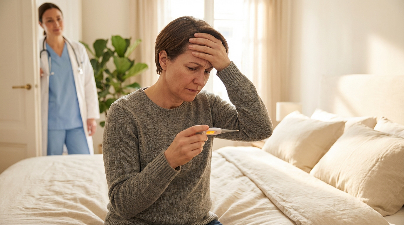 Mid-adult individual holds a thermometer showing elevated temperature, expressing concern. A doctor is blurred in the background of a calm bedroom.