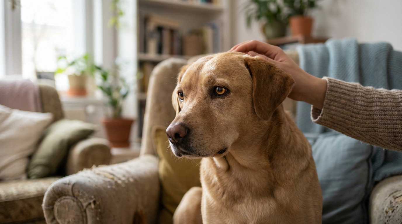 A yellow Labrador with soft, thoughtful eyes, being gently petted on the head by an out-of-focus hand in a cozy, warm-toned home.