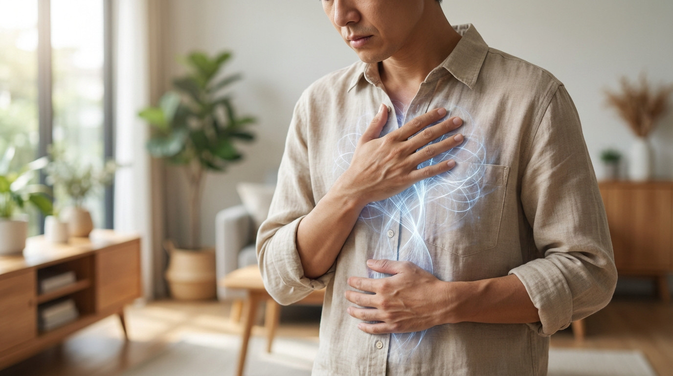 Man with concerned expression, hands on chest and abdomen, ethereal lines connect gut to heart. Blurred modern home background.