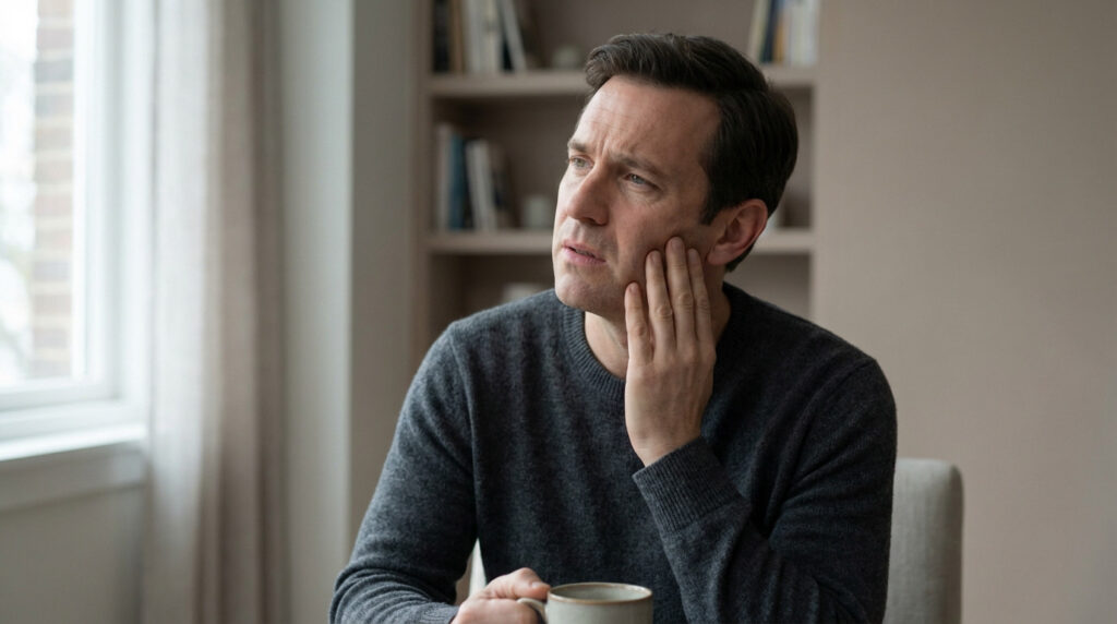 A man, seen from the upper torso, gently touches his jawline with his hand, conveying mild pain or concern. He has a thoughtful expression, looking away in a softly lit, neutral room.