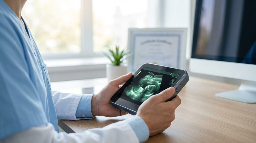 A medical professional holds a portable ultrasound device displaying a fetal image in a bright, modern clinic setting.