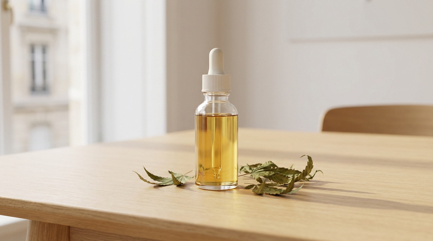 Elegant glass dropper bottle of CBD oil with dried hemp leaves on a light wooden table, soft blurred European cityscape background.