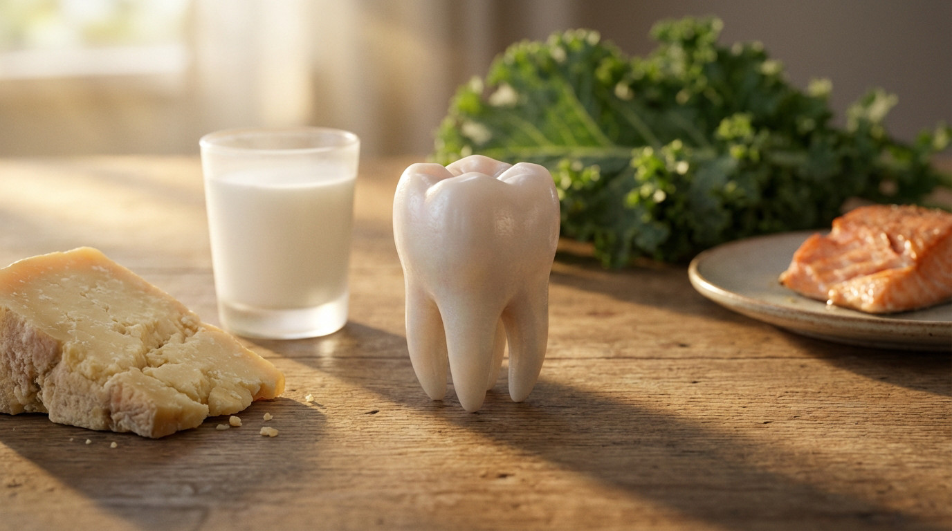 Photorealistic close-up of a healthy tooth surrounded by milk, cheese, kale, and salmon, illuminated by warm sunlight on wood.