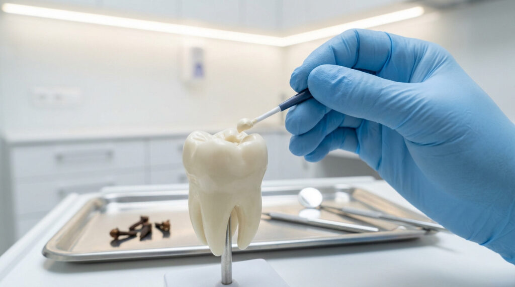 Gloved hand applies temporary dental dressing to a molar model in a clean clinic, with cloves and tools in the background.