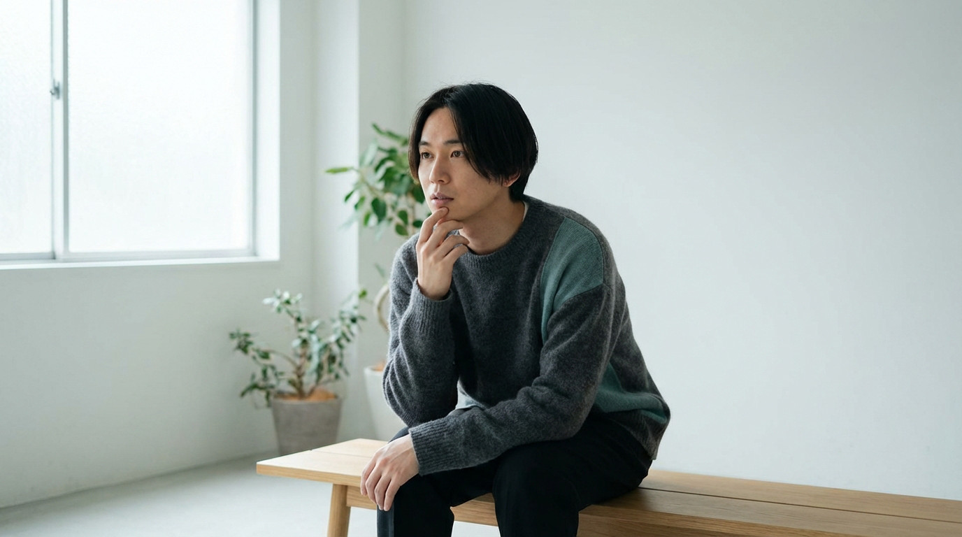 An individual with a thoughtful, pensive expression, hand to chin, sitting in a bright, minimalist room with soft light.