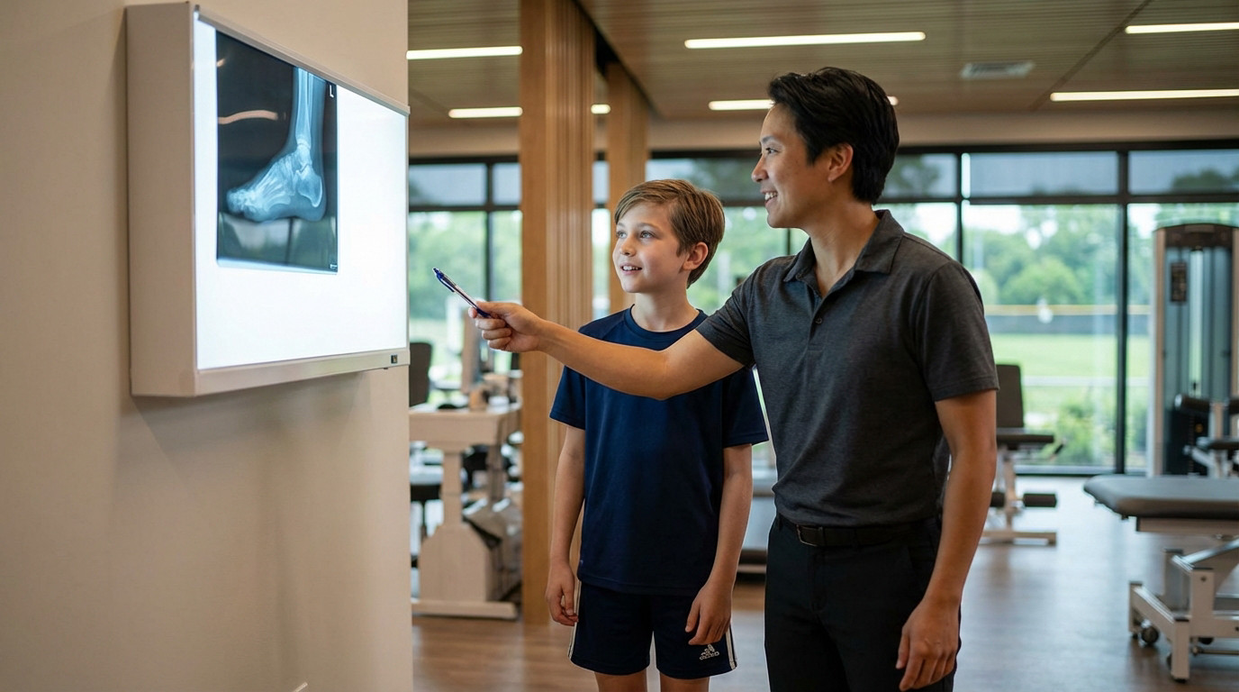 A medical professional points to a child's foot X-ray on a light panel, explaining it to a curious young boy in a modern sports clinic.