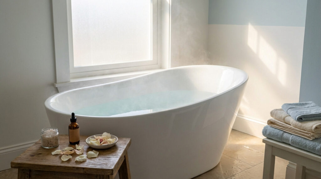 A well-lit, serene bathroom with a white freestanding tub filled with steaming water. Natural light, essential oil, petals, and soft towels create a relaxing mood.