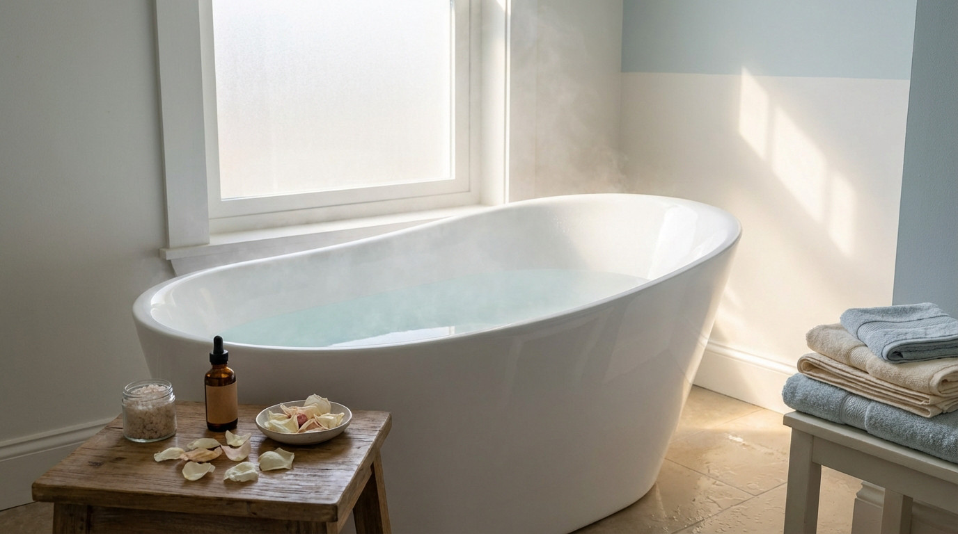 A well-lit, serene bathroom with a white freestanding tub filled with steaming water. Natural light, essential oil, petals, and soft towels create a relaxing mood.