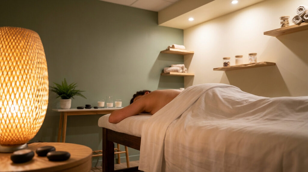 Person relaxed on a massage table in a modern, serene studio with soft lighting, green walls, plants, and natural wood accents.