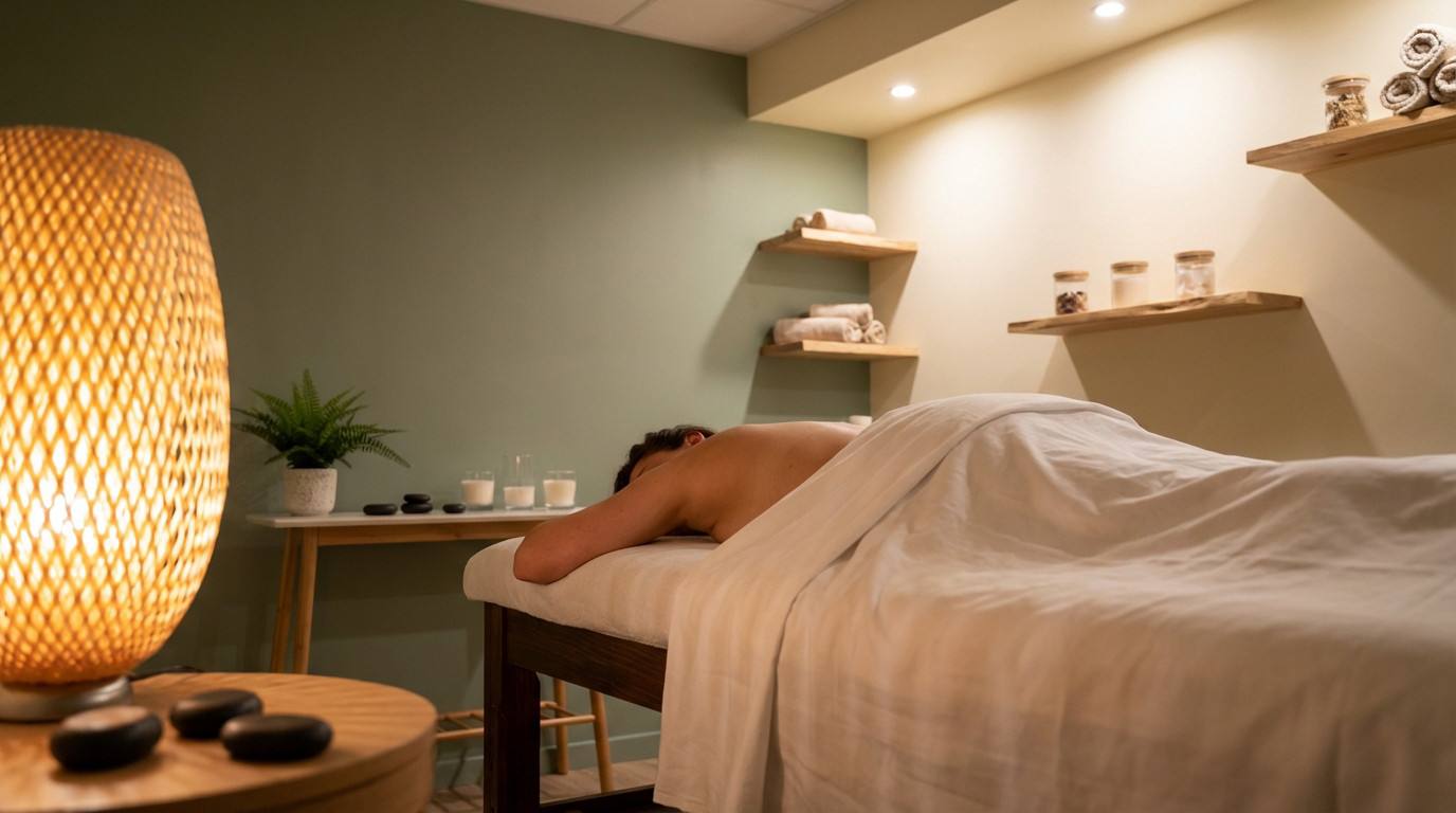 Person relaxed on a massage table in a modern, serene studio with soft lighting, green walls, plants, and natural wood accents.