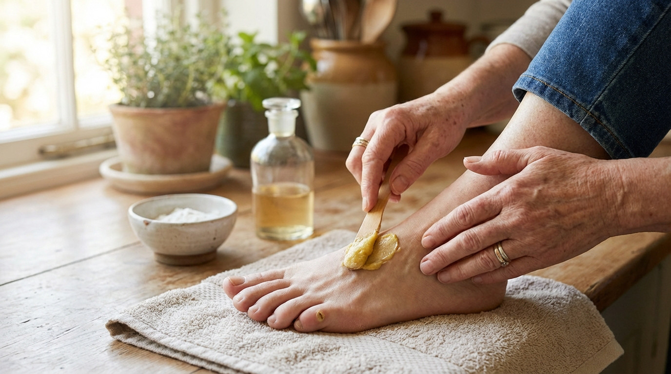 Mains douces appliquant une pâte remède sur un pied avec un cor, près d'ingrédients naturels (poudre, vinaigre).