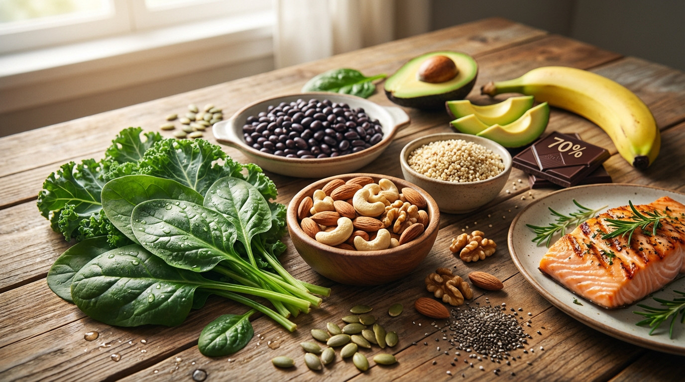 A vibrant arrangement of magnesium-rich foods on a rustic wooden table: salmon, greens, black beans, quinoa, nuts, seeds, avocado, chocolate, banana.