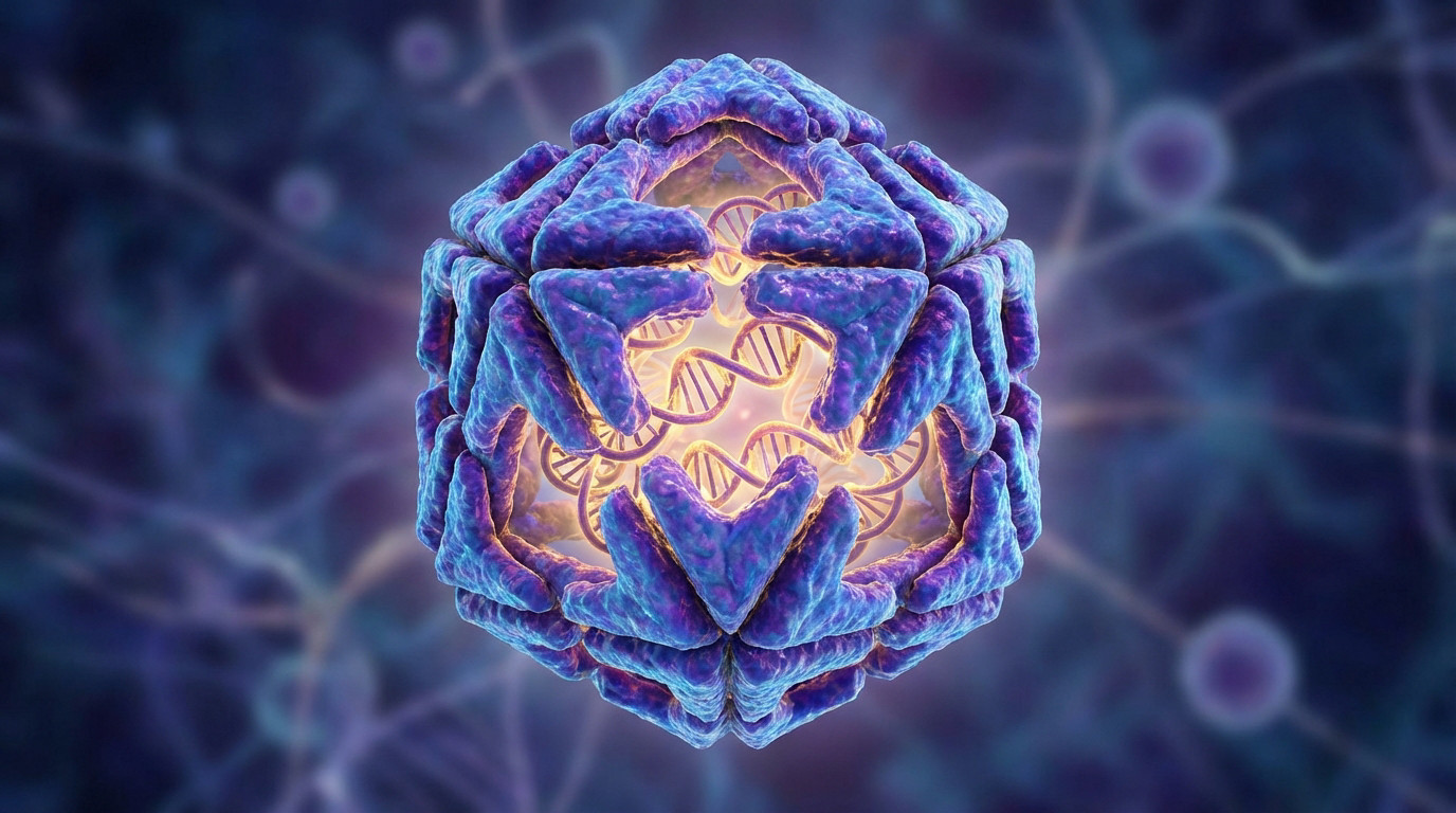 Detailed, iridescent blue and purple viral nucleocapsid encasing glowing yellow genetic material, against a blurred biological background.