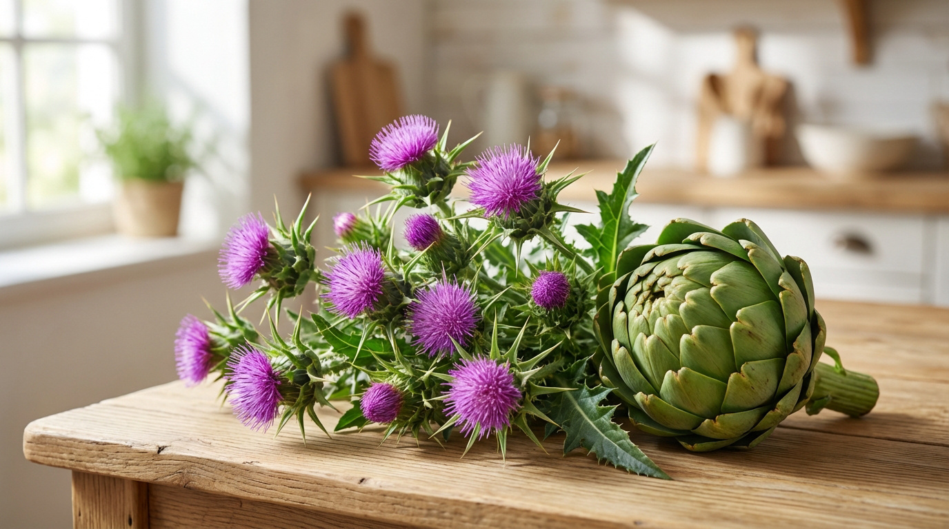 Un artichaut frais et des fleurs de chardon-marie violettes sur une table en bois clair dans une cuisine lumineuse.