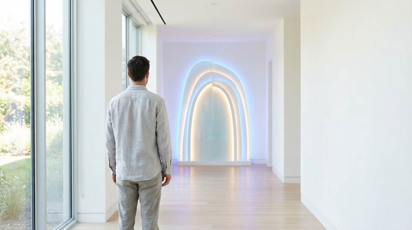 Homme de dos dans un couloir minimaliste, face à une installation d'art lumineuse et arquée aux teintes bleues et oranges.