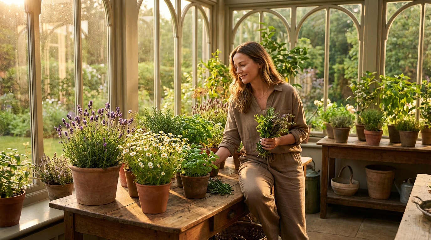 A woman in a sunlit conservatory, gently tending vibrant potted medicinal herbs like lavender and basil, radiating calm and well-being.