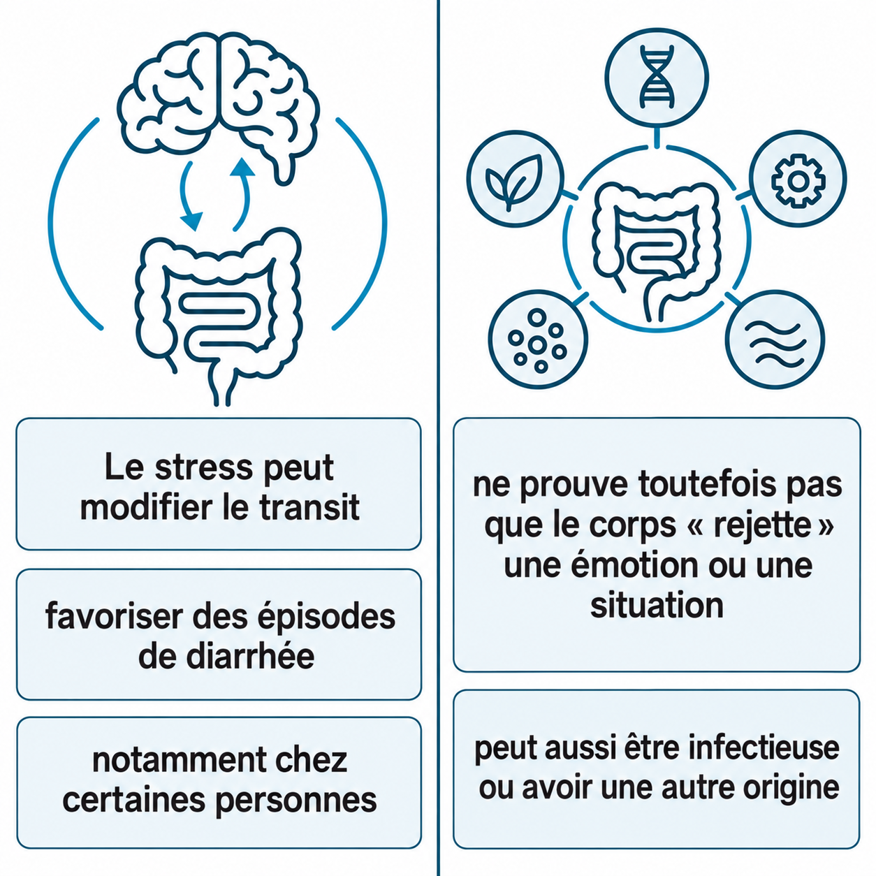 Schéma illustratif : Le stress peut modifier le transit ; favoriser des épisodes de diarrhée ; notamment chez certaines personnes ; ne prouve toutefois pas que le corps « rejette » une émotion ou une situation ; peut aussi être infectieuse ou avoir une autre origine