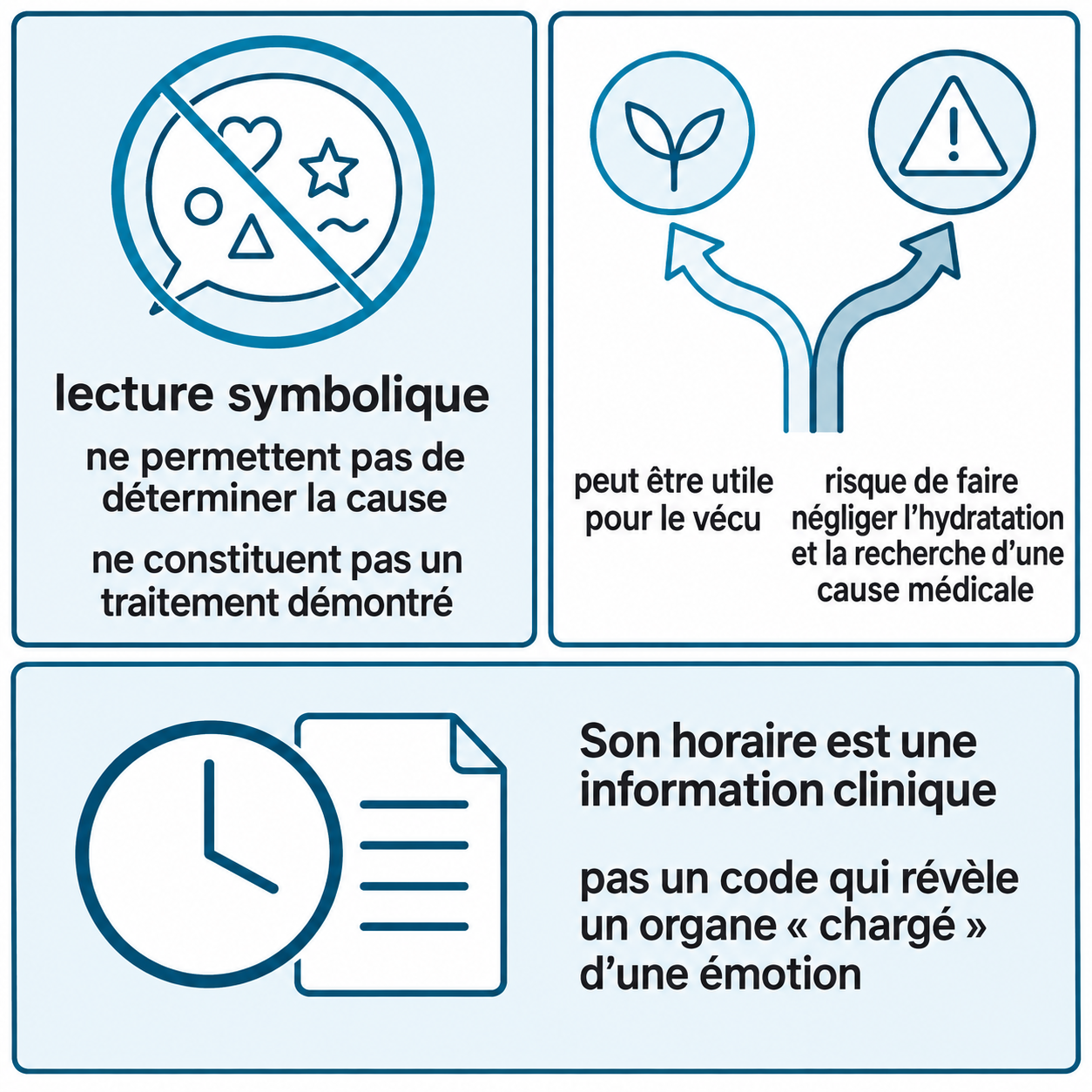 Schéma illustratif : lecture symbolique ; ne permettent pas de déterminer la cause ; ne constituent pas un traitement démontré ; peut être utile pour le vécu ; risque de faire négliger l’hydratation et la recherche d’une cause médicale ; Son horaire est une information clinique ; pas un code qui révèle un organe « chargé » d’une émotion