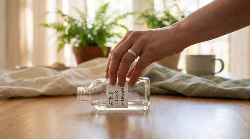 A clean hand gently pushes a clear bottle of apple cider vinegar on a wooden table. Soft, natural light illuminates a blurred, serene background with plants.