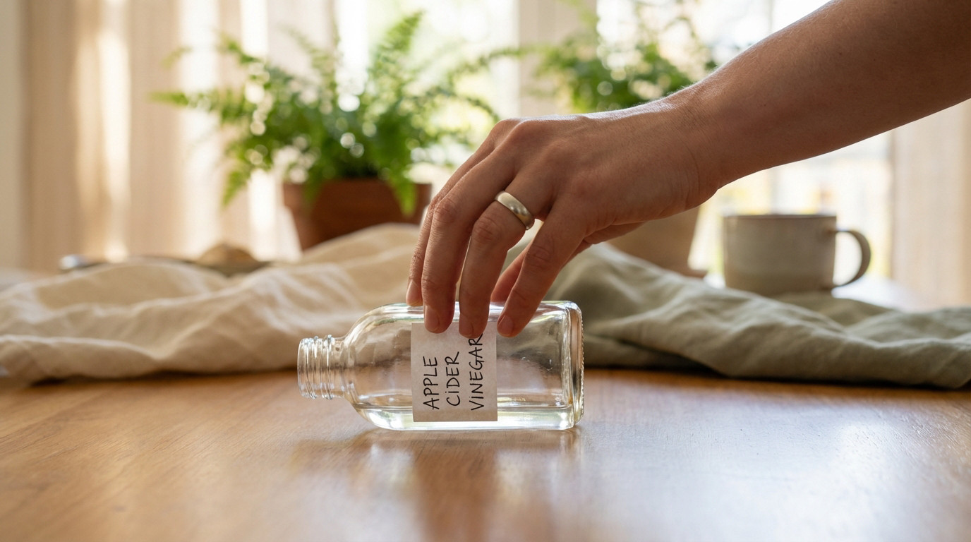 A clean hand gently pushes a clear bottle of apple cider vinegar on a wooden table. Soft, natural light illuminates a blurred, serene background with plants.