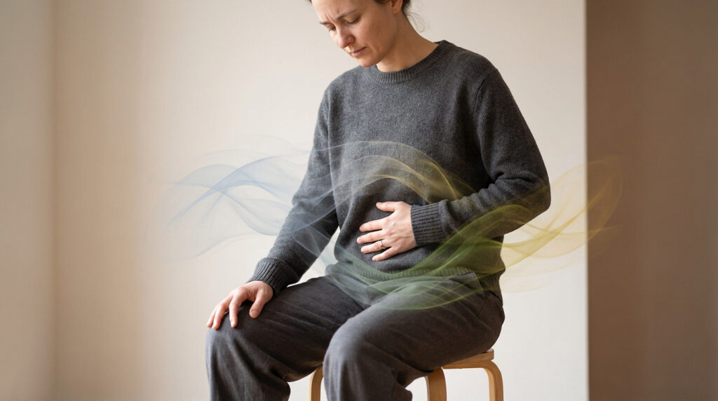 A person in a gray sweater holds their abdomen, surrounded by ethereal blue, green, and yellow wisps, conveying introspection and healing.