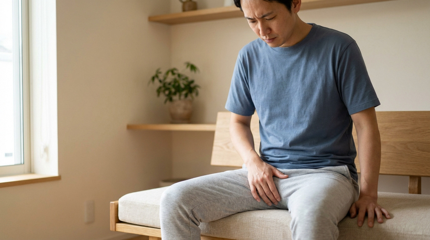 An Asian man in casual clothes sits, hand on his upper thigh/groin, looking down with a concerned expression in a softly lit, minimalist room.