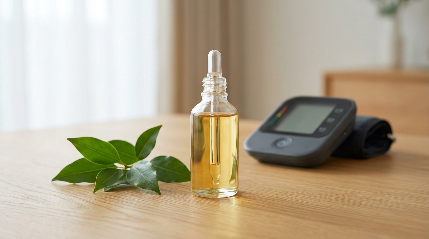 A clear glass essential oil bottle with dropper and green leaves on wood, beside a blurred blood pressure monitor, conveying natural wellness.