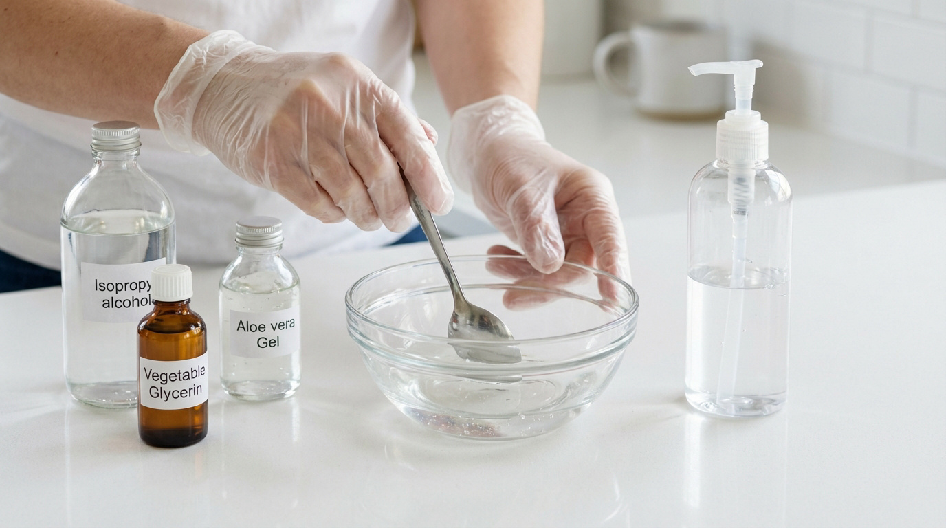 Mains gantées préparant du gel hydroalcoolique maison avec alcool, glycérine végétale et gel d'aloe vera dans un bol.