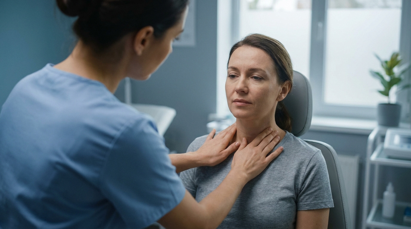 Profesional médico asiste a paciente con manos en el cuello y pecho, sugiriendo apoyo respiratorio en entorno médico moderno.