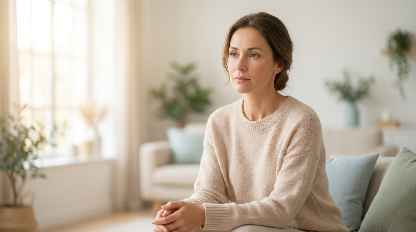 A calm woman in a beige sweater sits contemplatively in a softly lit, serene indoor setting with clasped hands.