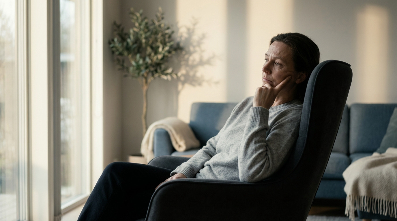 A weary woman in a grey sweater sits by a window in a modern living room, hand on chin, looking thoughtfully into diffused light.