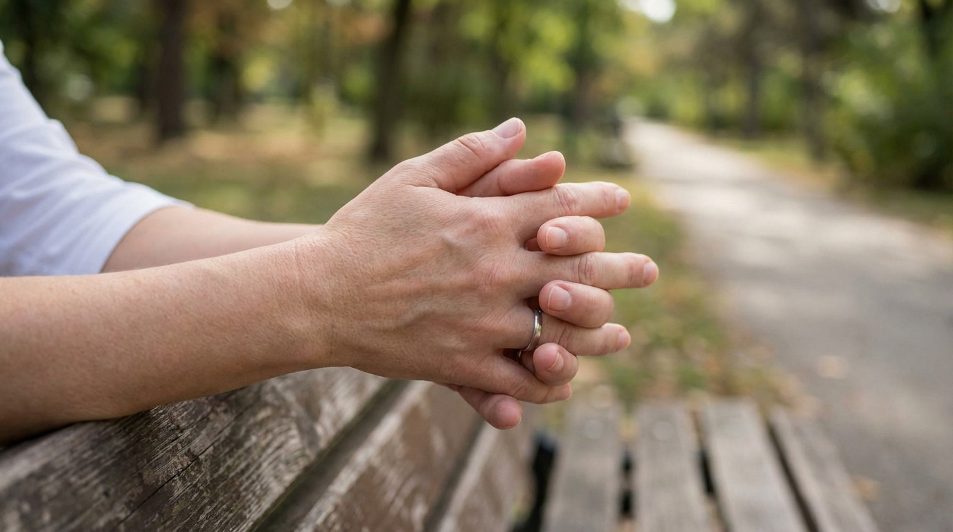 Close-up of subtly puffy hands, with a ring, gently clasped on a wooden park bench. Blurred outdoor path and foliage in soft daylight.