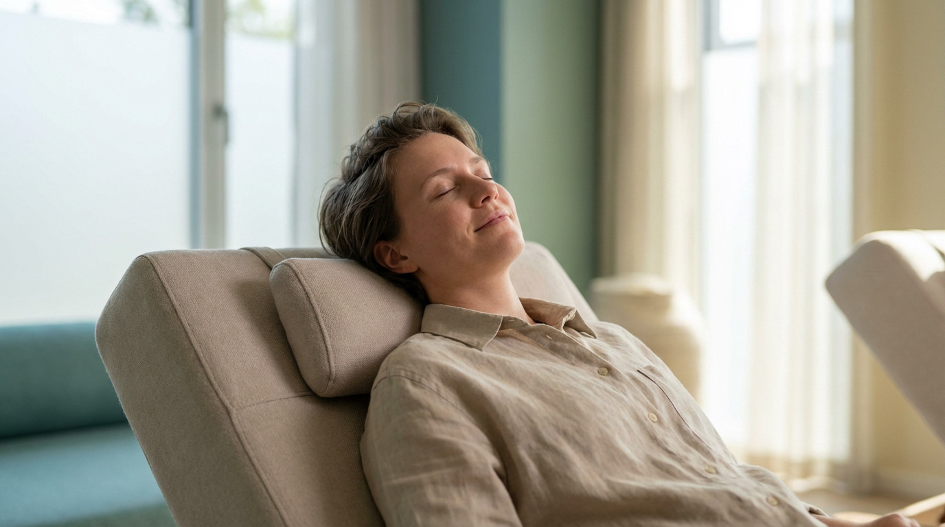 Gender-neutral person in serene repose, eyes closed, resting in a tranquil wellness environment. Soft light, muted colors, deep relaxation.