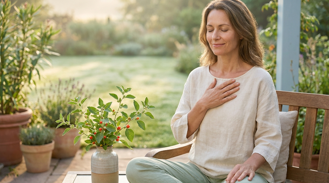 Femme d'âge mûr méditant paisiblement dans un jardin ensoleillé, main sur le cœur, près d'une plante d'Ashwagandha aux baies rouges.