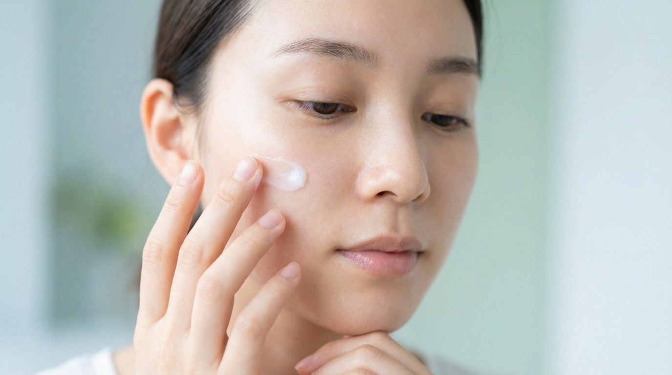 Jeune femme applique délicatement une crème blanche sur sa joue. Ses doigts sont doux, son visage apaisé. Soin de la peau.