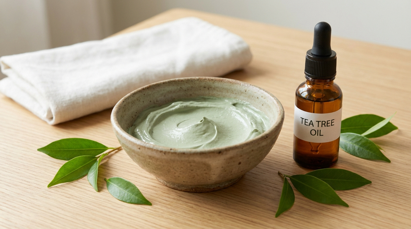 Produits naturels contre le poil incarné : masque vert en bol, flacon d'huile d'arbre à thé, feuilles et serviette.