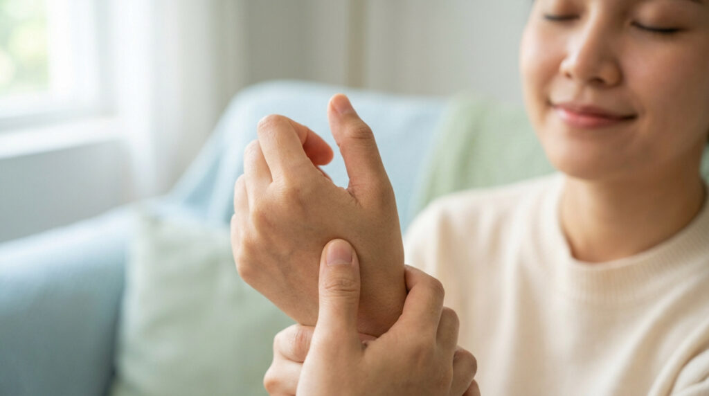 Femme appliquant une pression sur le point d'acupression Neiguan de son poignet. Elle a les yeux fermés et un air apaisé.