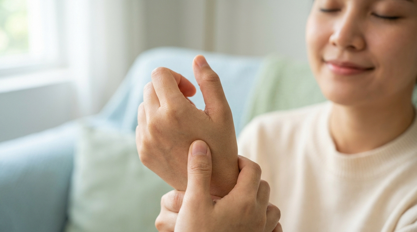 Femme appliquant une pression sur le point d'acupression Neiguan de son poignet. Elle a les yeux fermés et un air apaisé.
