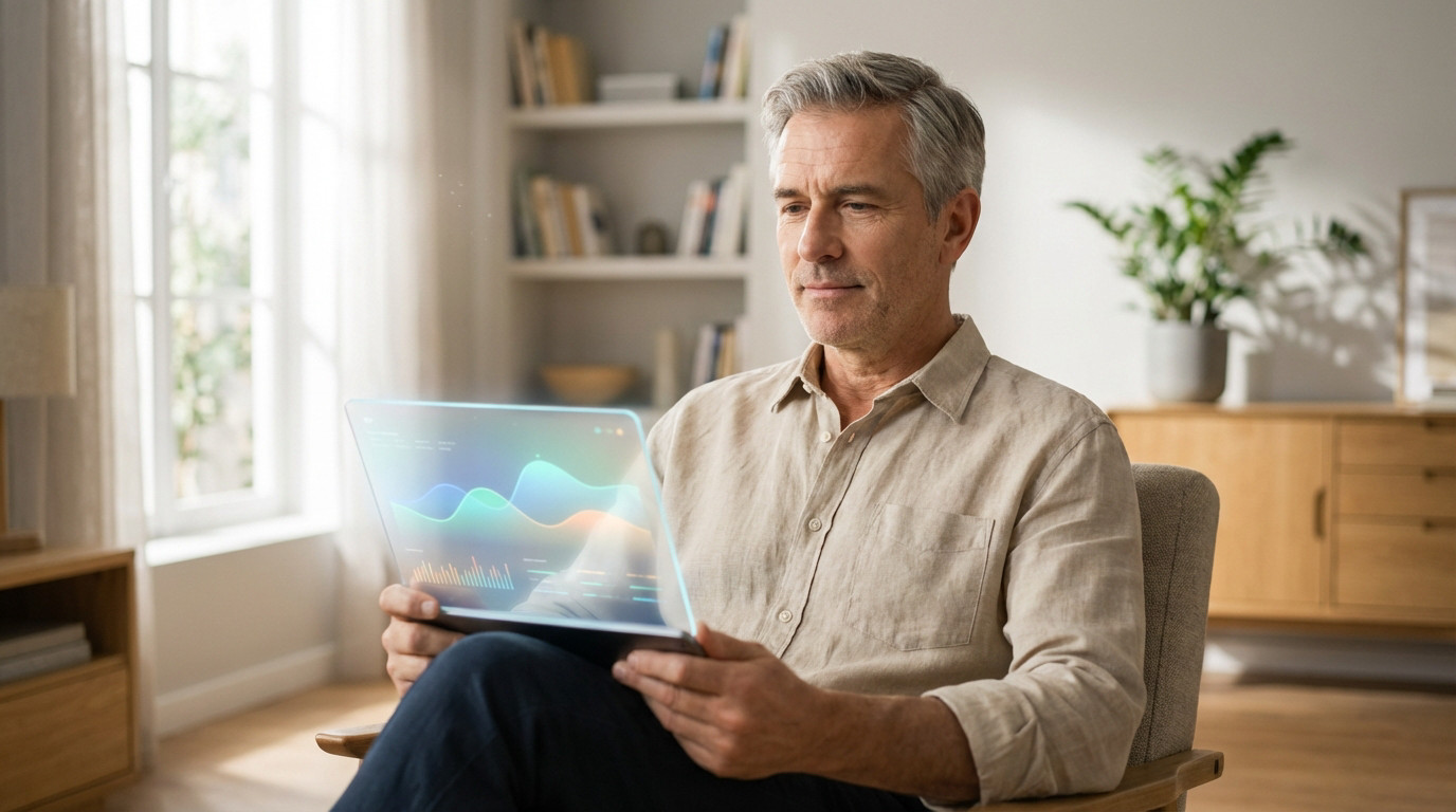 A man in his 50s or 60s sits in a bright home, thoughtfully viewing a transparent tablet with abstract health data graphics.