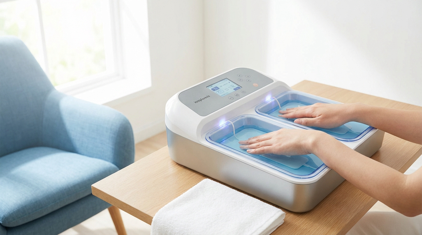 Mains dans un appareil d'ionophorèse sur une table en bois, pour traiter la transpiration. Lumière naturelle et fauteuil en fond.