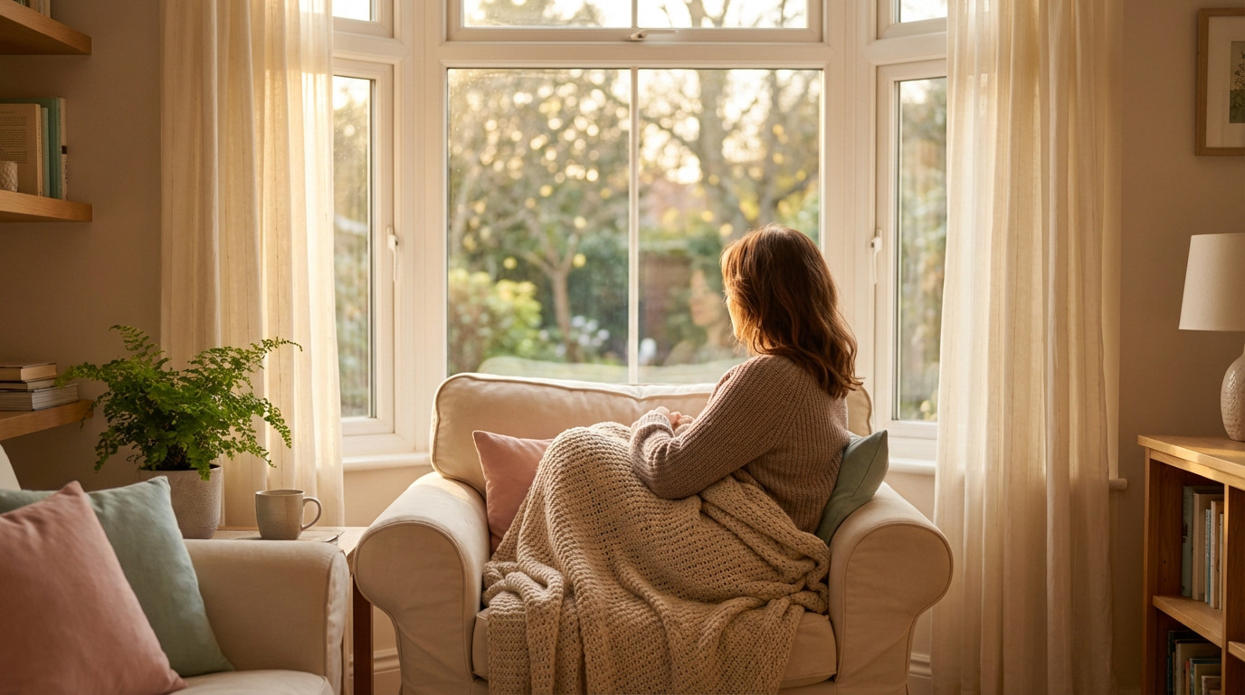 Woman wrapped in a blanket sits in an armchair, looking out a bright window at a blurred outdoor scene in a warm, serene room.