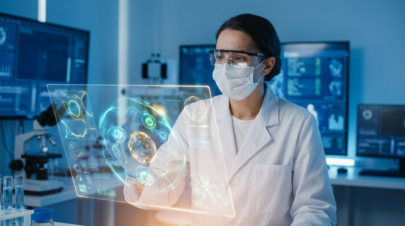 Scientifique en blouse, masque et lunettes manipulant un écran holographique avec des modèles de cellules cancéreuses en laboratoire.